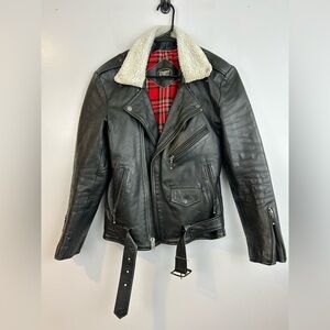 Sraight To Hell RARE Commando Black Leather Sherpa Collar Moto Jacket Size 38